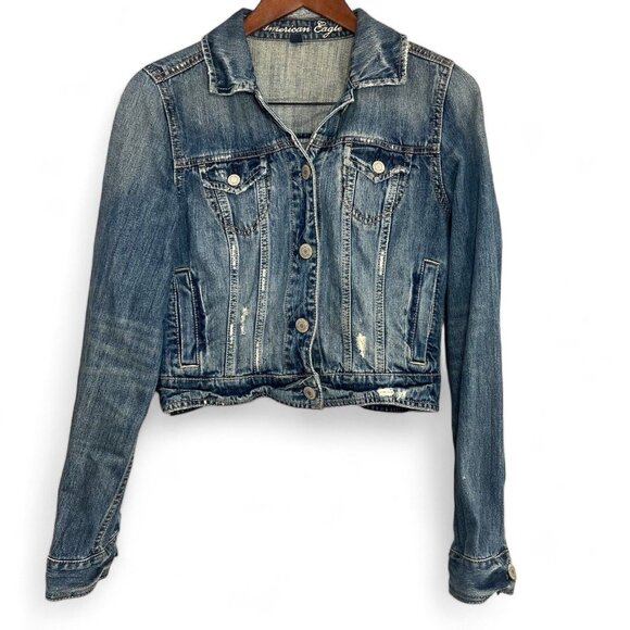 American Eagle Jean Jacket Women Size M Blue Cropped Cotton Pocket Denim - Picture 1 of 12